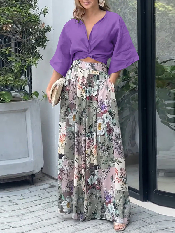 Wide Leg Bandage Bowknot Floral Printed Pockets Shirts Tops&Pants Suits - Image 4