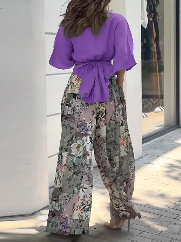 Wide Leg Bandage Bowknot Floral Printed Pockets Shirts Tops&Pants Suits - Image 5