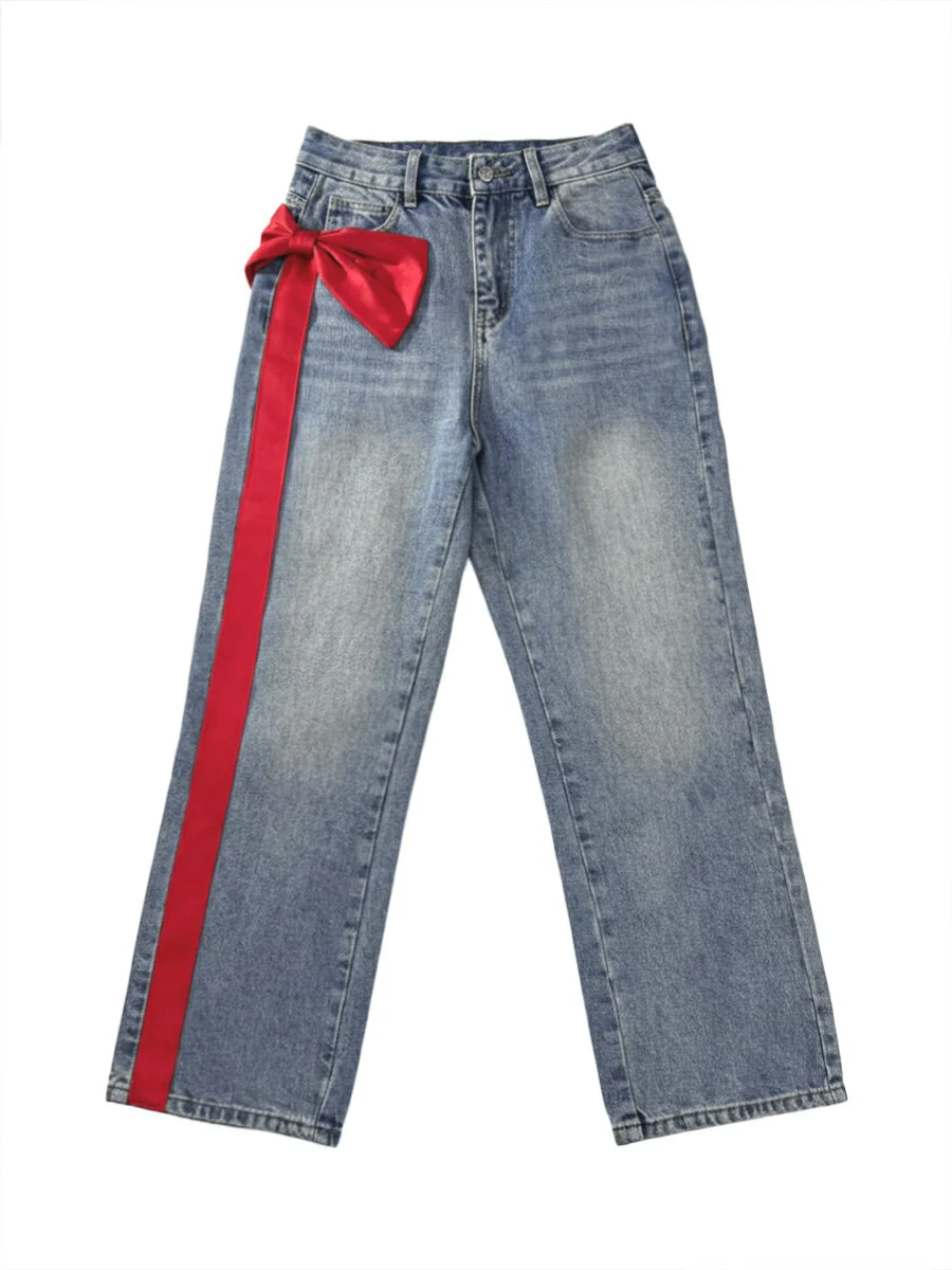 Wide Leg Bow-Embellished Contrast Color Jean Pants Bottoms - Image 10