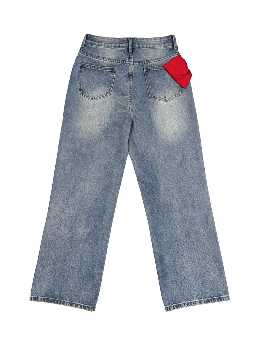 Wide Leg Bow-Embellished Contrast Color Jean Pants Bottoms - Image 11