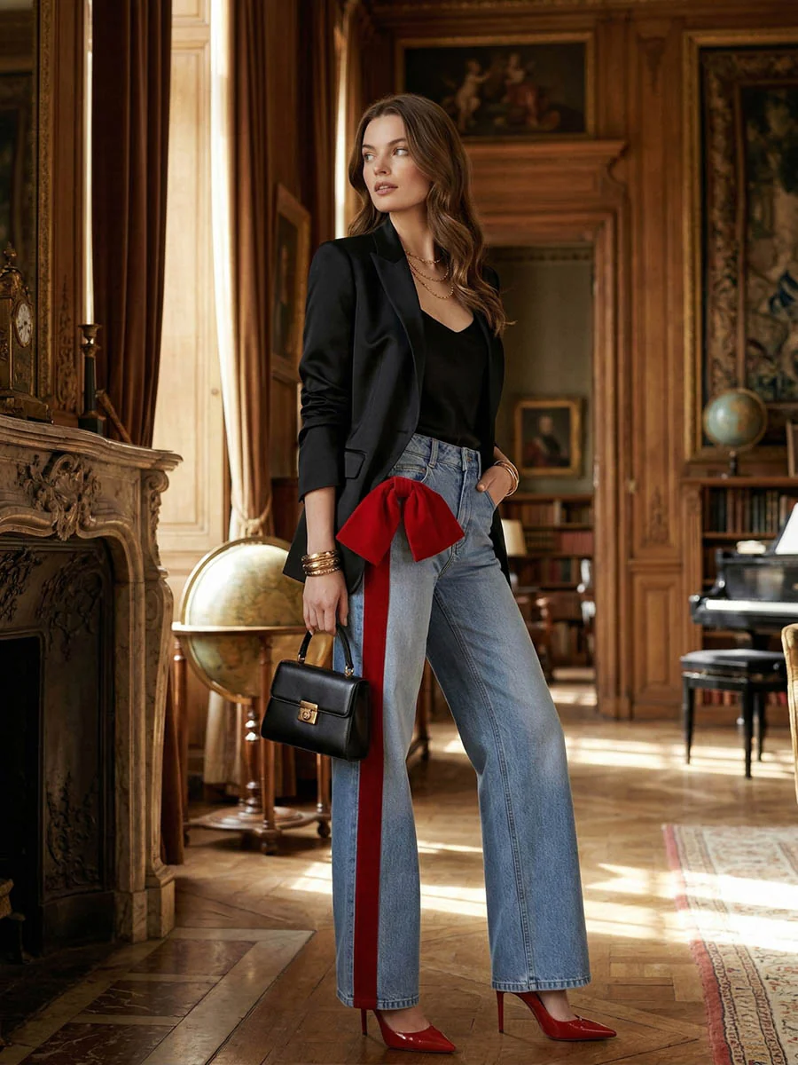 Wide Leg Bow-Embellished Contrast Color Jean Pants Bottoms - Image 3