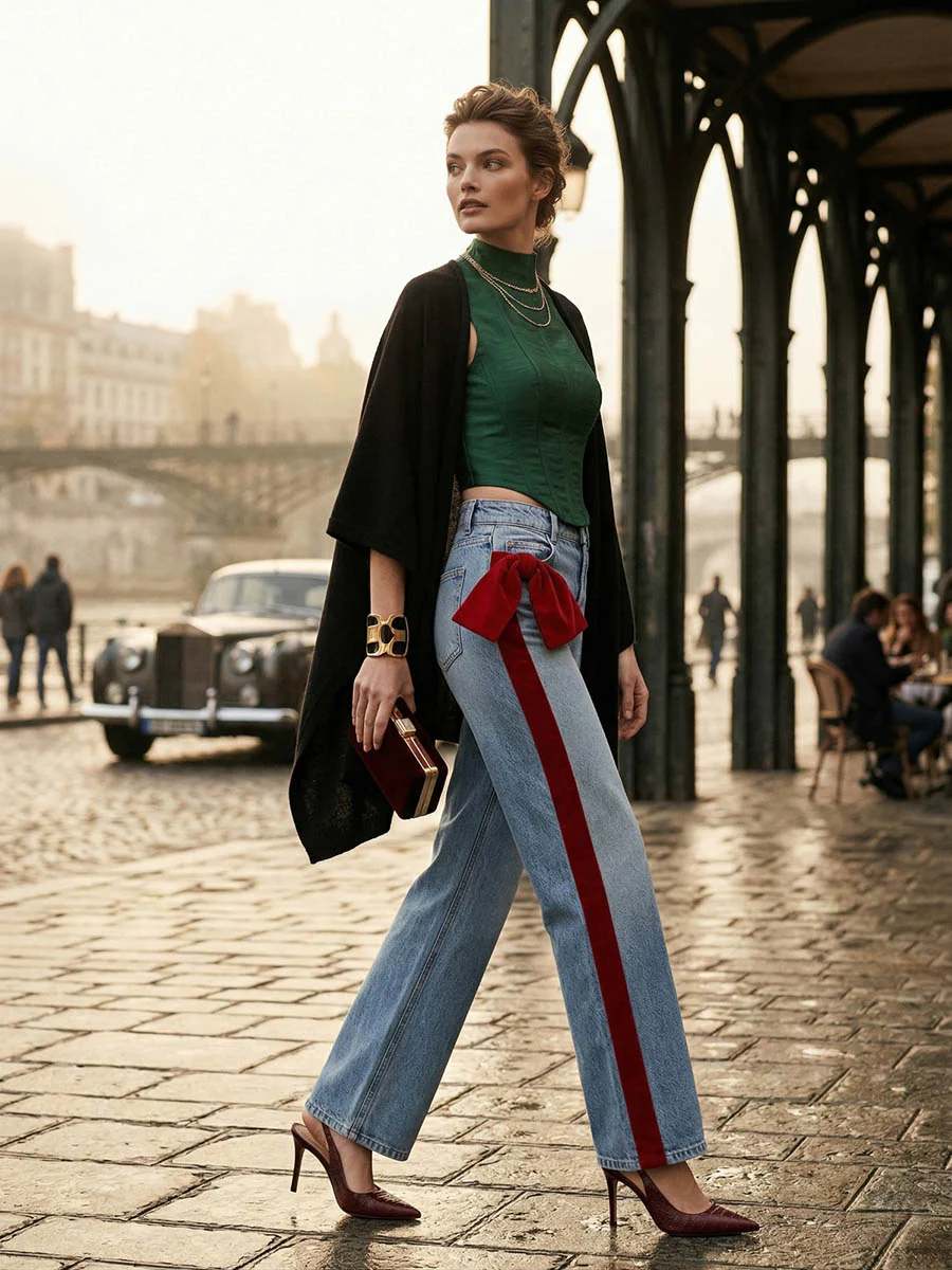 Wide Leg Bow-Embellished Contrast Color Jean Pants Bottoms - Image 4