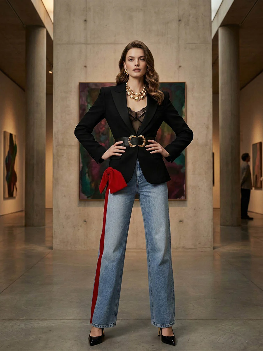 Wide Leg Bow-Embellished Contrast Color Jean Pants Bottoms - Image 5