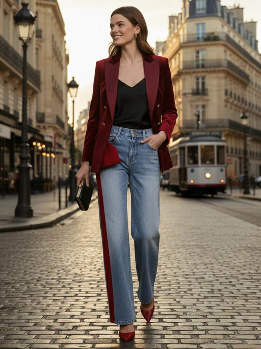 Wide Leg Bow-Embellished Contrast Color Jean Pants Bottoms - Image 8