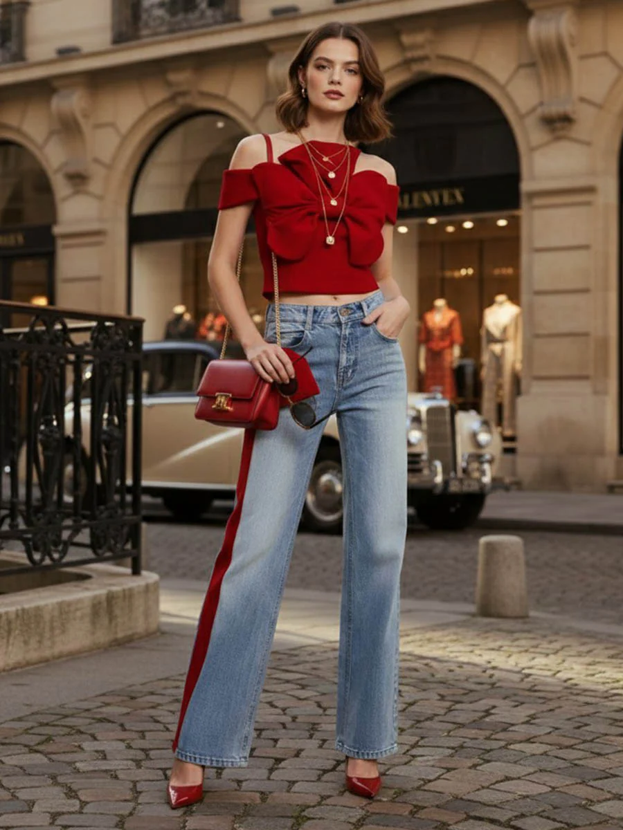 Wide Leg Bow-Embellished Contrast Color Jean Pants Bottoms - Image 9