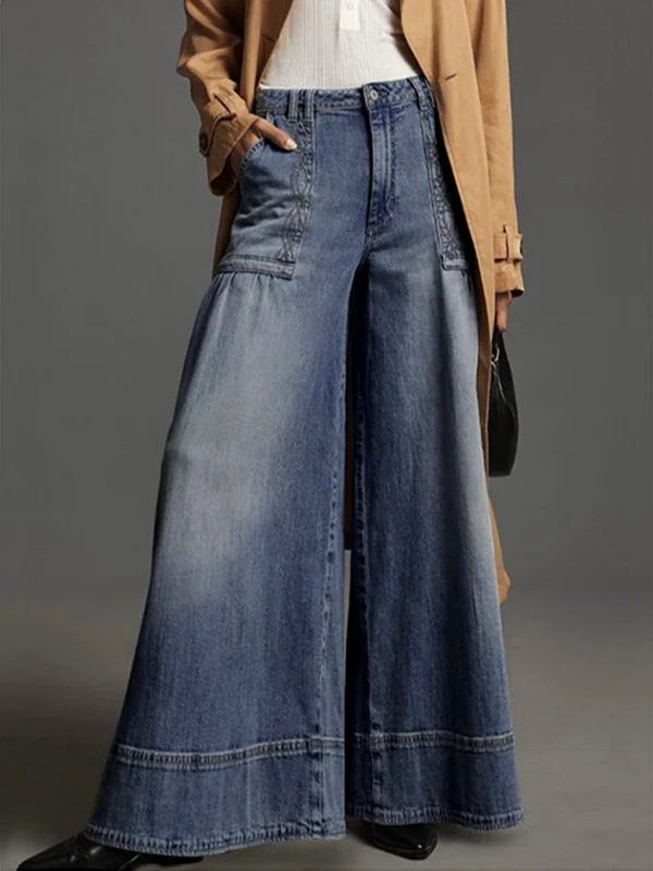 Wide Leg Buttoned Pockets Solid Color Split-Joint Zipper Jean Pants Bottoms Trousers - Image 2