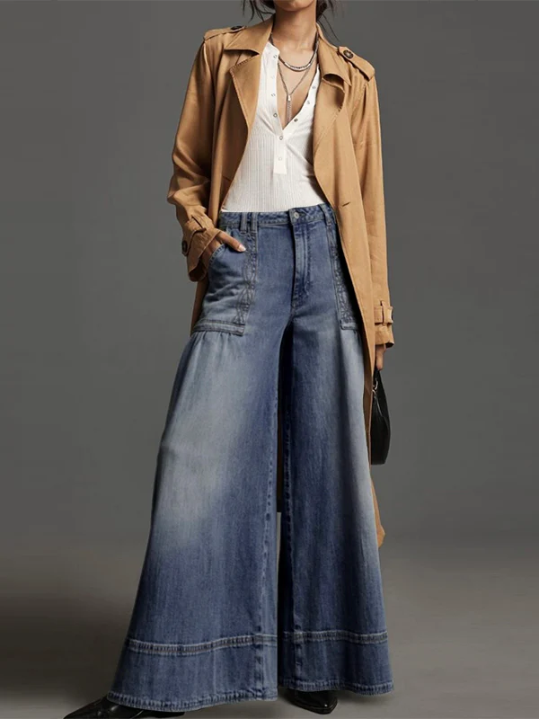 Wide Leg Buttoned Pockets Solid Color Split-Joint Zipper Jean Pants Bottoms Trousers - Image 3