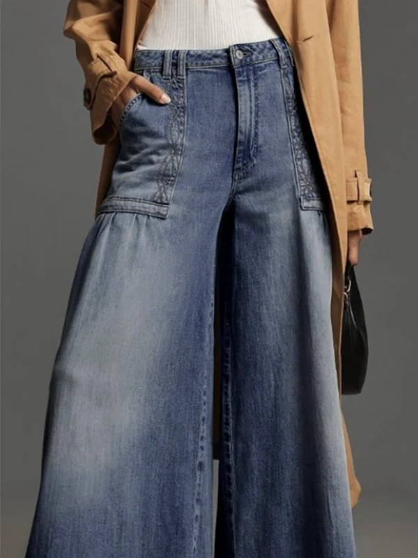 Wide Leg Buttoned Pockets Solid Color Split-Joint Zipper Jean Pants Bottoms Trousers - Image 4