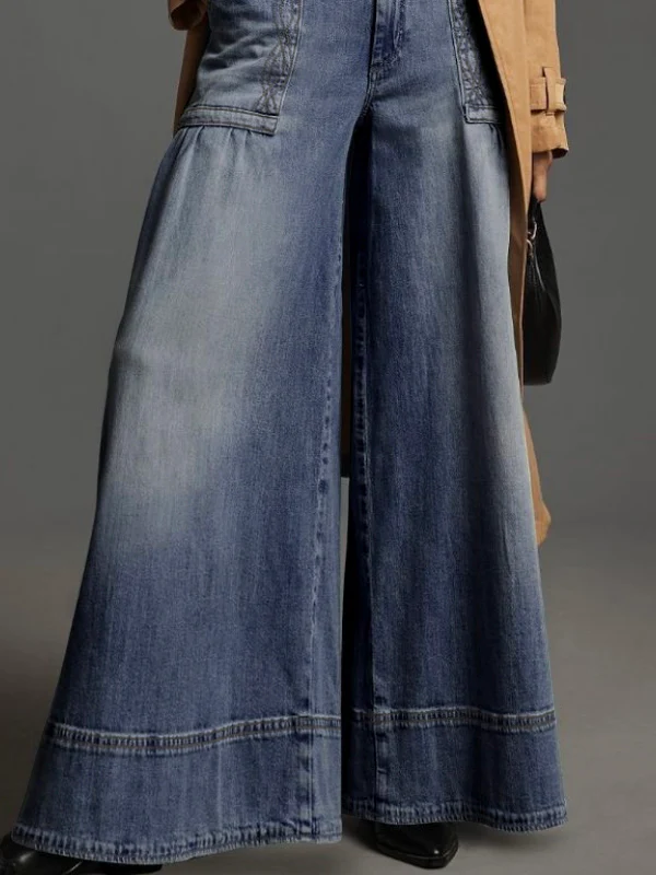 Wide Leg Buttoned Pockets Solid Color Split-Joint Zipper Jean Pants Bottoms Trousers - Image 5