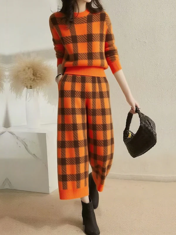 Wide Leg Contrast Color Plaid Pockets Pants - Image 2