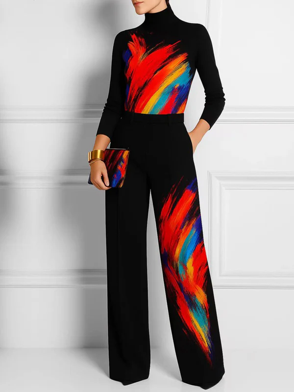 Wide Leg Contrast Color Pockets Printed Pants Trousers - Image 2