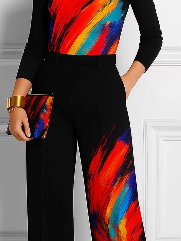 Wide Leg Contrast Color Pockets Printed Pants Trousers - Image 3