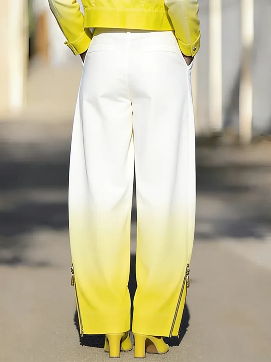 Wide Leg Gradient Pockets Zipper Pants Trousers - Image 2