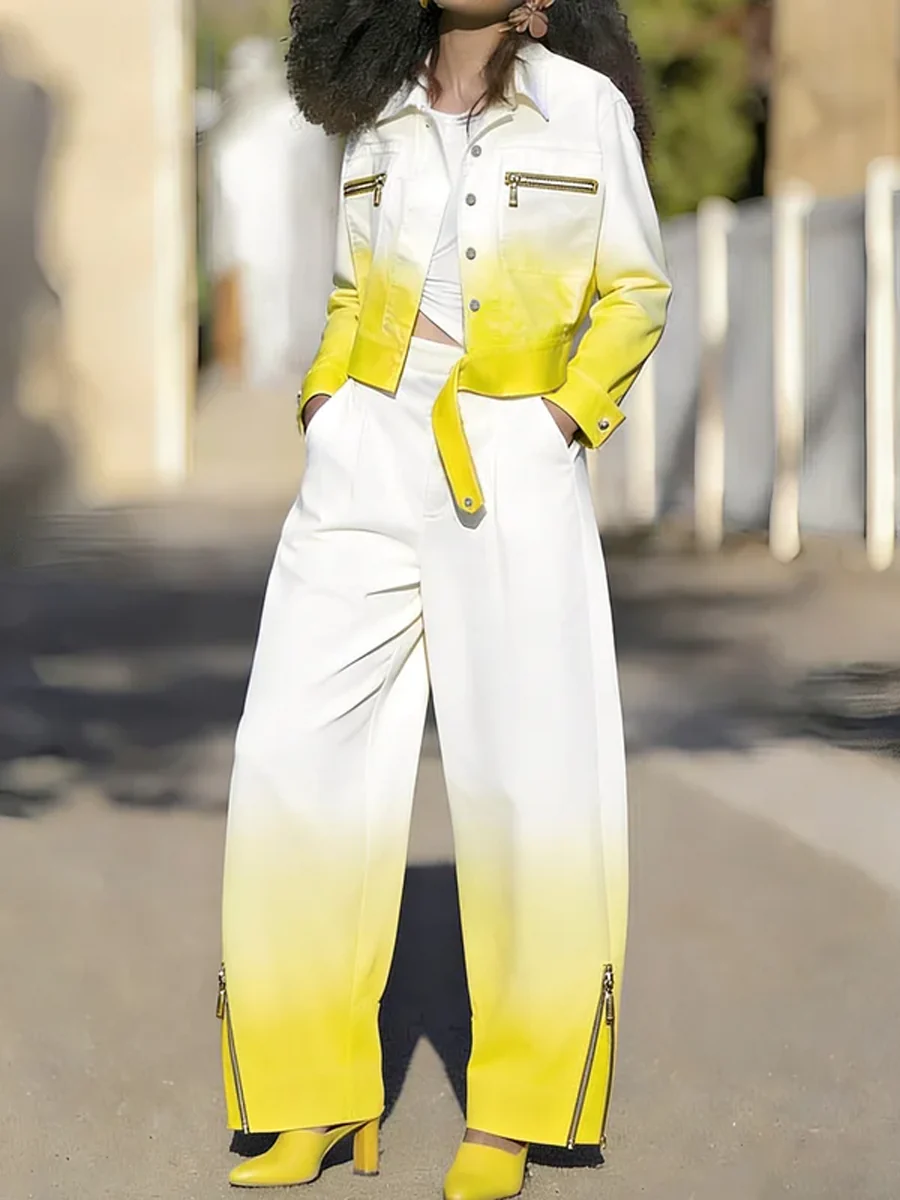 Wide Leg Gradient Pockets Zipper Pants Trousers - Image 3