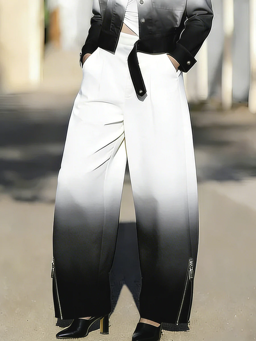 Wide Leg Gradient Pockets Zipper Pants Trousers - Image 4