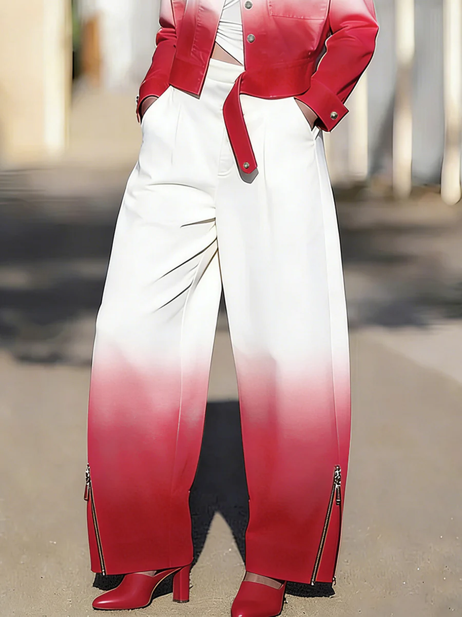 Wide Leg Gradient Pockets Zipper Pants Trousers - Image 5