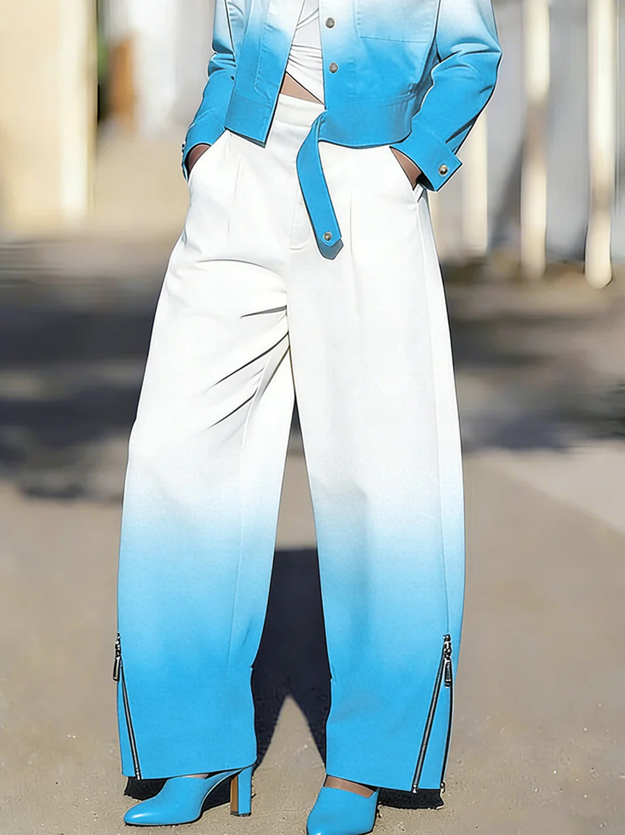 Wide Leg Gradient Pockets Zipper Pants Trousers - Image 6