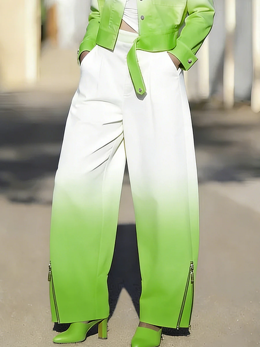 Wide Leg Gradient Pockets Zipper Pants Trousers - Image 7