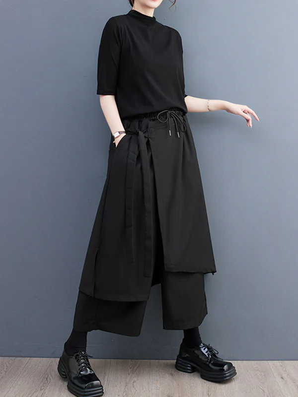 Wide Leg Loose Drawstring Solid Color Casual Pants Bottoms Culotte - Image 2