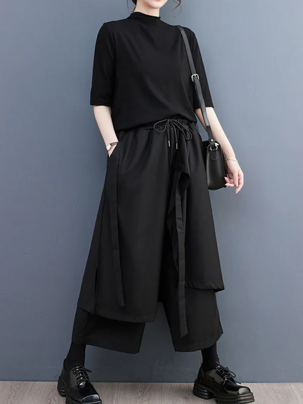 Wide Leg Loose Drawstring Solid Color Casual Pants Bottoms Culotte - Image 3