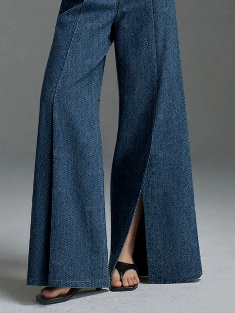 Wide Leg No Belt Solid Color Split-Front Jean Pants Bottoms Trousers - Image 3