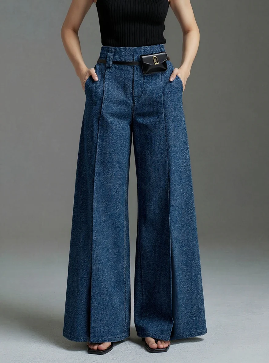 Wide Leg No Belt Solid Color Split-Front Jean Pants Bottoms Trousers - Image 4
