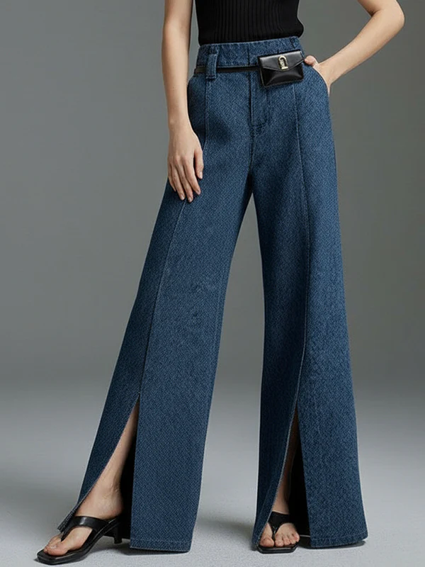 Wide Leg No Belt Solid Color Split-Front Jean Pants Bottoms Trousers - Image 5