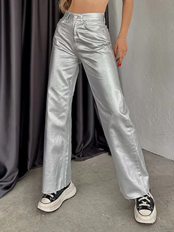 Wide Leg Pockets Solid Color Pants Trousers - Image 4