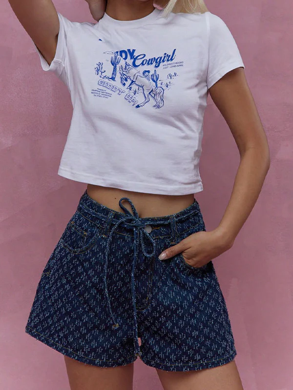Wide Leg Split-Joint Tied Waist Denim Shorts - Image 2