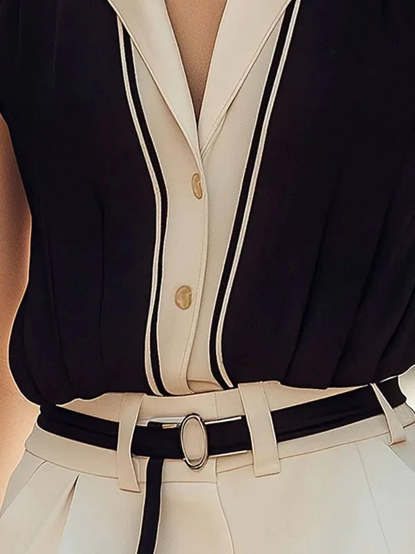 Loose Sleeveless Buttoned Contrast Color Notched Collar Blouses&Shirts Tops - Image 2