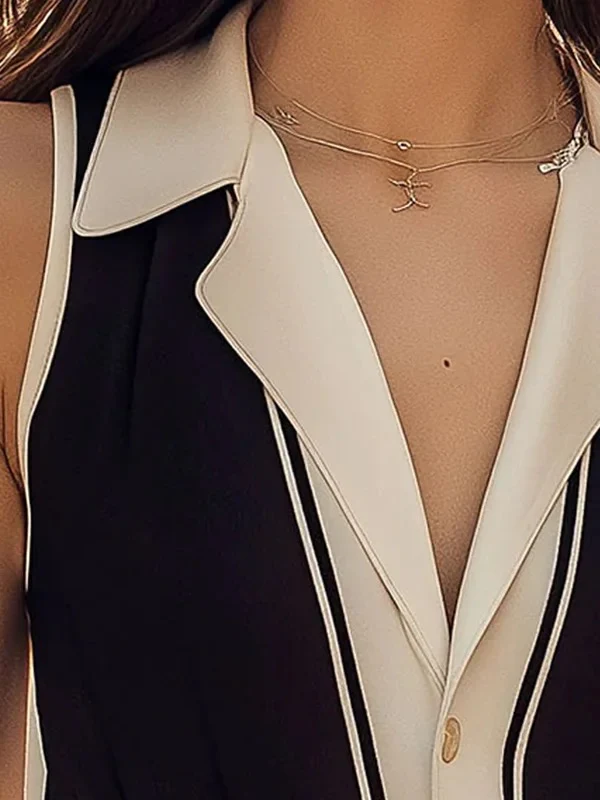 Loose Sleeveless Buttoned Contrast Color Notched Collar Blouses&Shirts Tops - Image 3