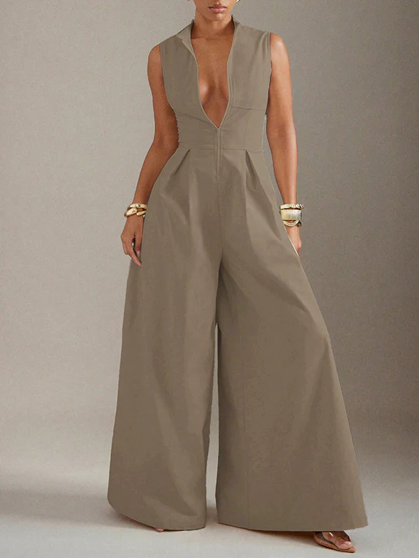 Sleeveless Wide Leg Pleated Solid Color Split-Joint Zipper Round-Neck Jumpsuits - Image 10