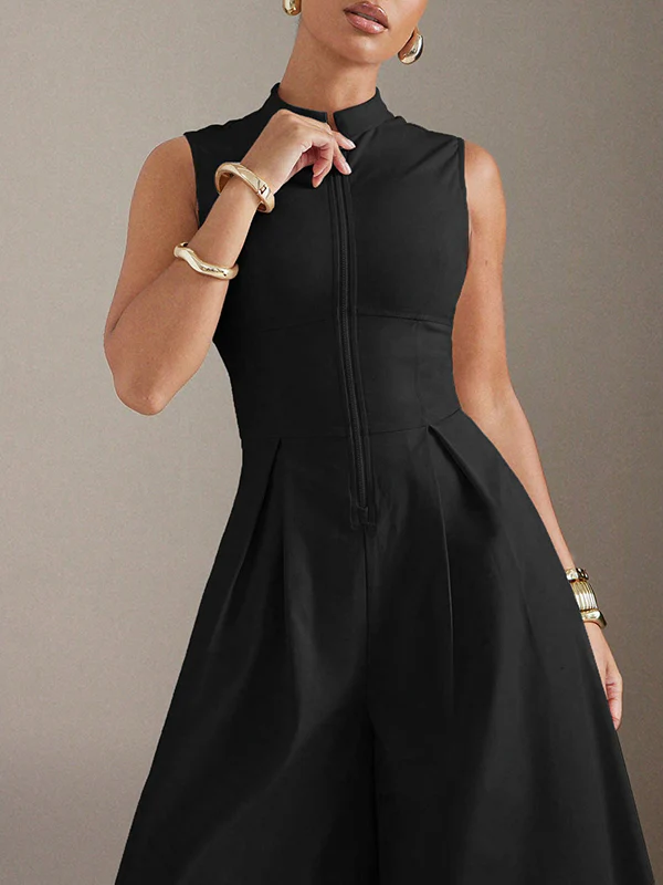 Sleeveless Wide Leg Pleated Solid Color Split-Joint Zipper Round-Neck Jumpsuits - Image 3