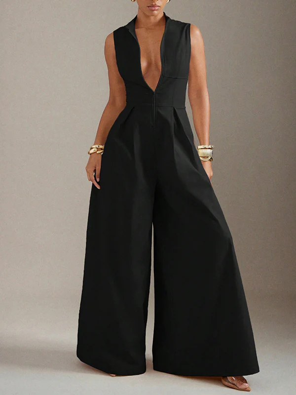 Sleeveless Wide Leg Pleated Solid Color Split-Joint Zipper Round-Neck Jumpsuits - Image 4