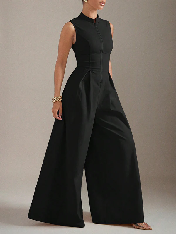 Sleeveless Wide Leg Pleated Solid Color Split-Joint Zipper Round-Neck Jumpsuits - Image 5