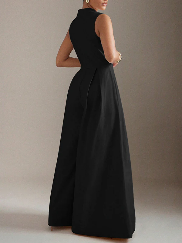 Sleeveless Wide Leg Pleated Solid Color Split-Joint Zipper Round-Neck Jumpsuits - Image 6