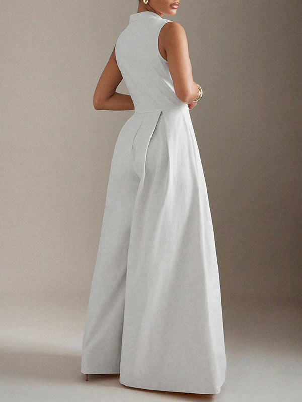 Sleeveless Wide Leg Pleated Solid Color Split-Joint Zipper Round-Neck Jumpsuits - Image 7