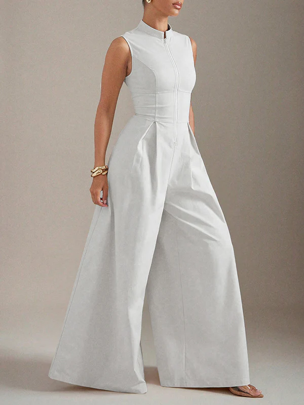Sleeveless Wide Leg Pleated Solid Color Split-Joint Zipper Round-Neck Jumpsuits - Image 8
