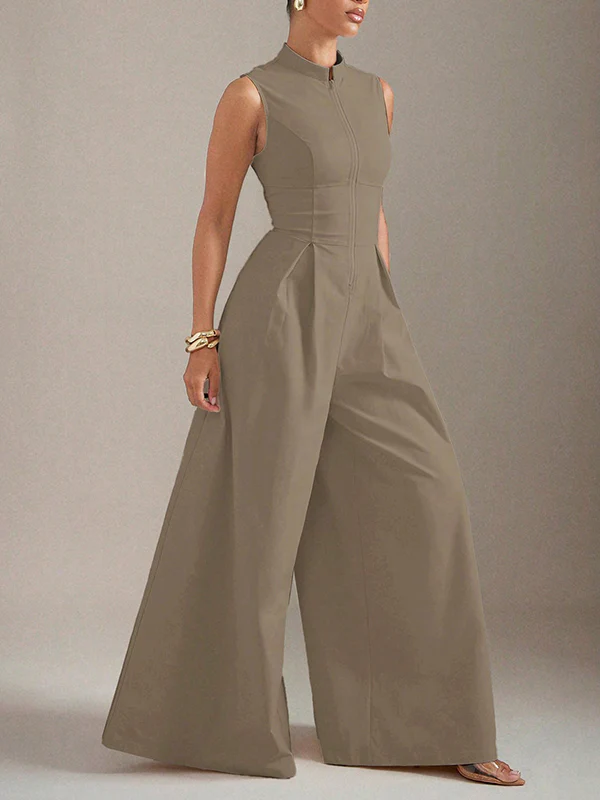 Sleeveless Wide Leg Pleated Solid Color Split-Joint Zipper Round-Neck Jumpsuits - Image 9