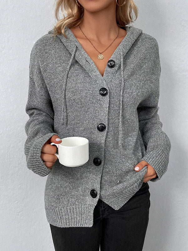 Wrap Buttoned Hooded Solid Color Cardigan - Image 10