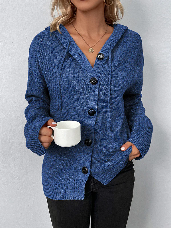 Wrap Buttoned Hooded Solid Color Cardigan - Image 12