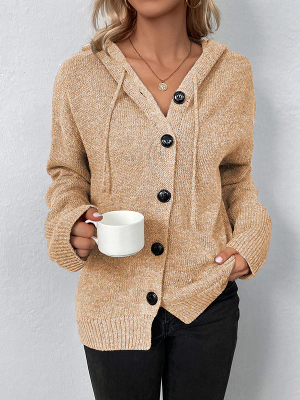 Wrap Buttoned Hooded Solid Color Cardigan - Image 14