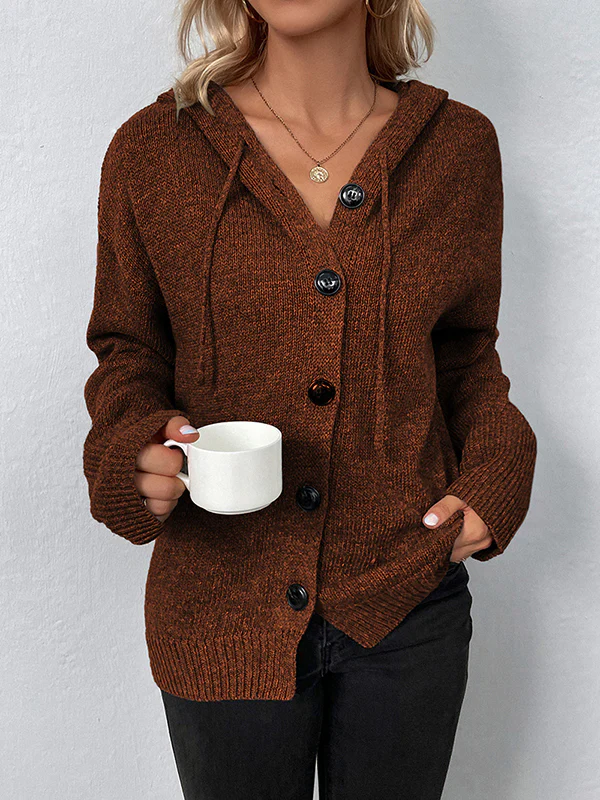 Wrap Buttoned Hooded Solid Color Cardigan - Image 16