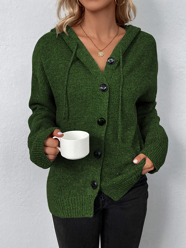 Wrap Buttoned Hooded Solid Color Cardigan - Image 18