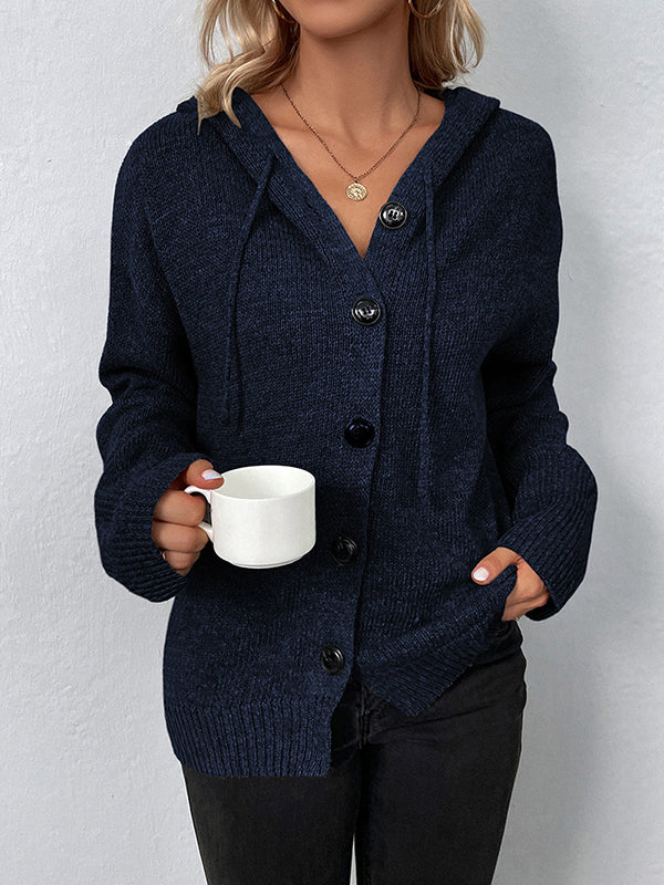 Wrap Buttoned Hooded Solid Color Cardigan - Image 20