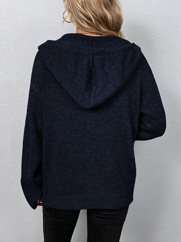 Wrap Buttoned Hooded Solid Color Cardigan - Image 21