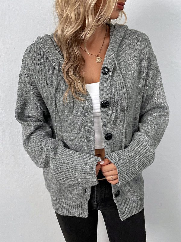 Wrap Buttoned Hooded Solid Color Cardigan - Image 9