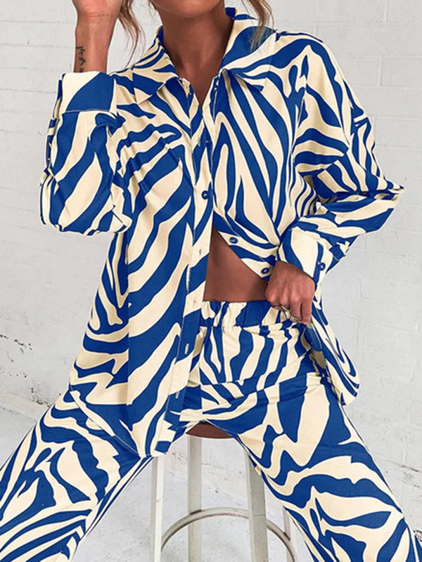 Zebra-Stripe Plus Size Lapel Blouses Top + Pants Bottom Two Pieces Set - Image 2