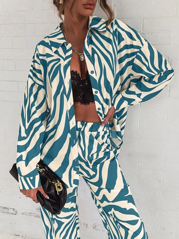 Zebra-Stripe Plus Size Lapel Blouses Top + Pants Bottom Two Pieces Set - Image 3