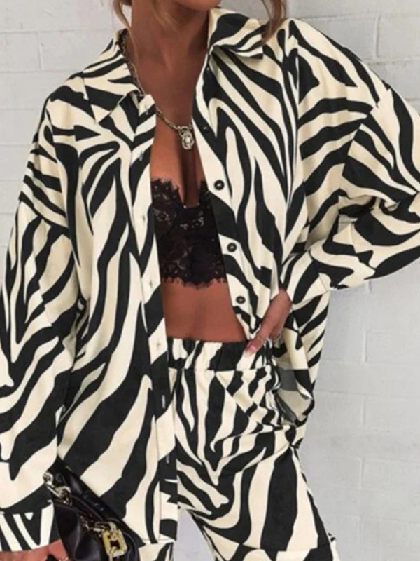 Zebra-Stripe Plus Size Lapel Blouses Top + Pants Bottom Two Pieces Set - Image 4
